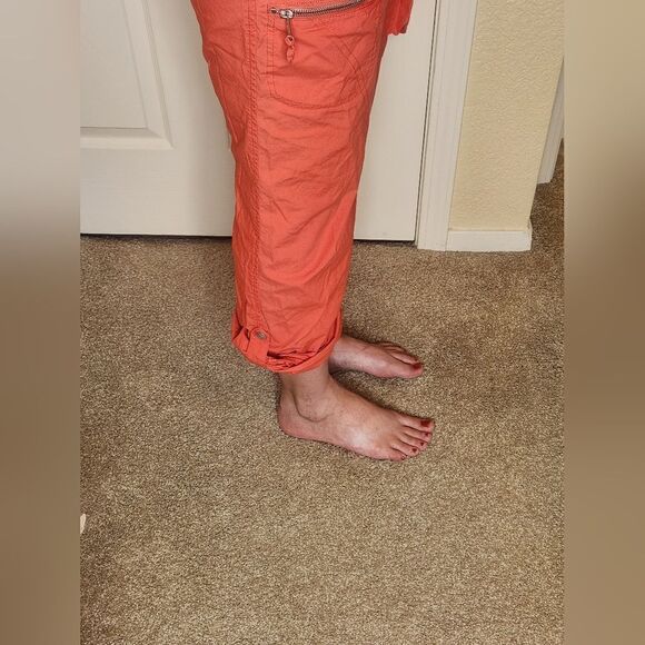 Lulu-B 10 Coral Red Full Length Roll Up Zipper Cargo Women’s Pants - Picture 11 of 14